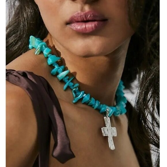 NWT Free People Supernova Choker Turquoise with Silver Cross - Picture 1 of 8